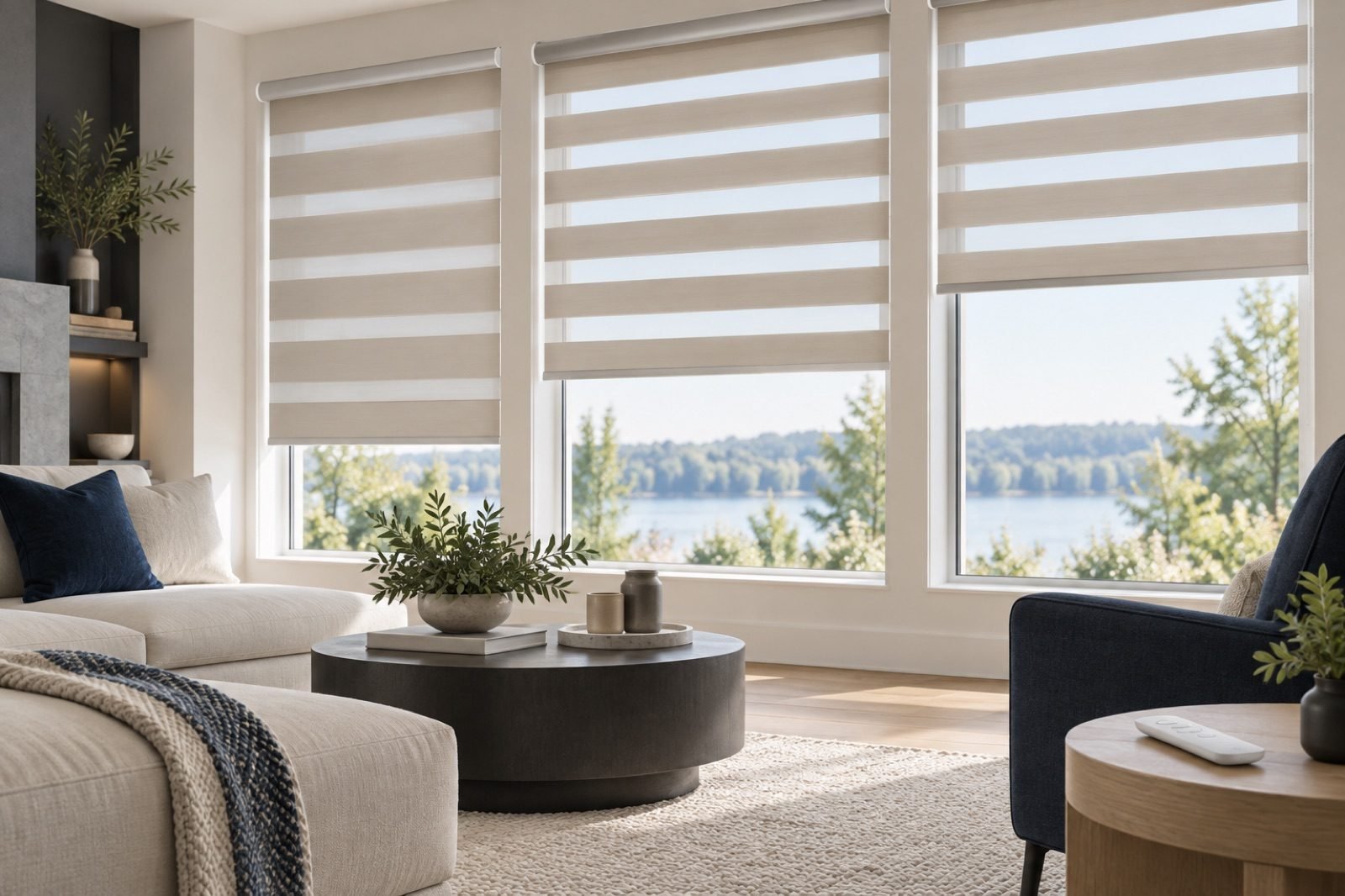 Motorized Blinds with a remote control on the side table